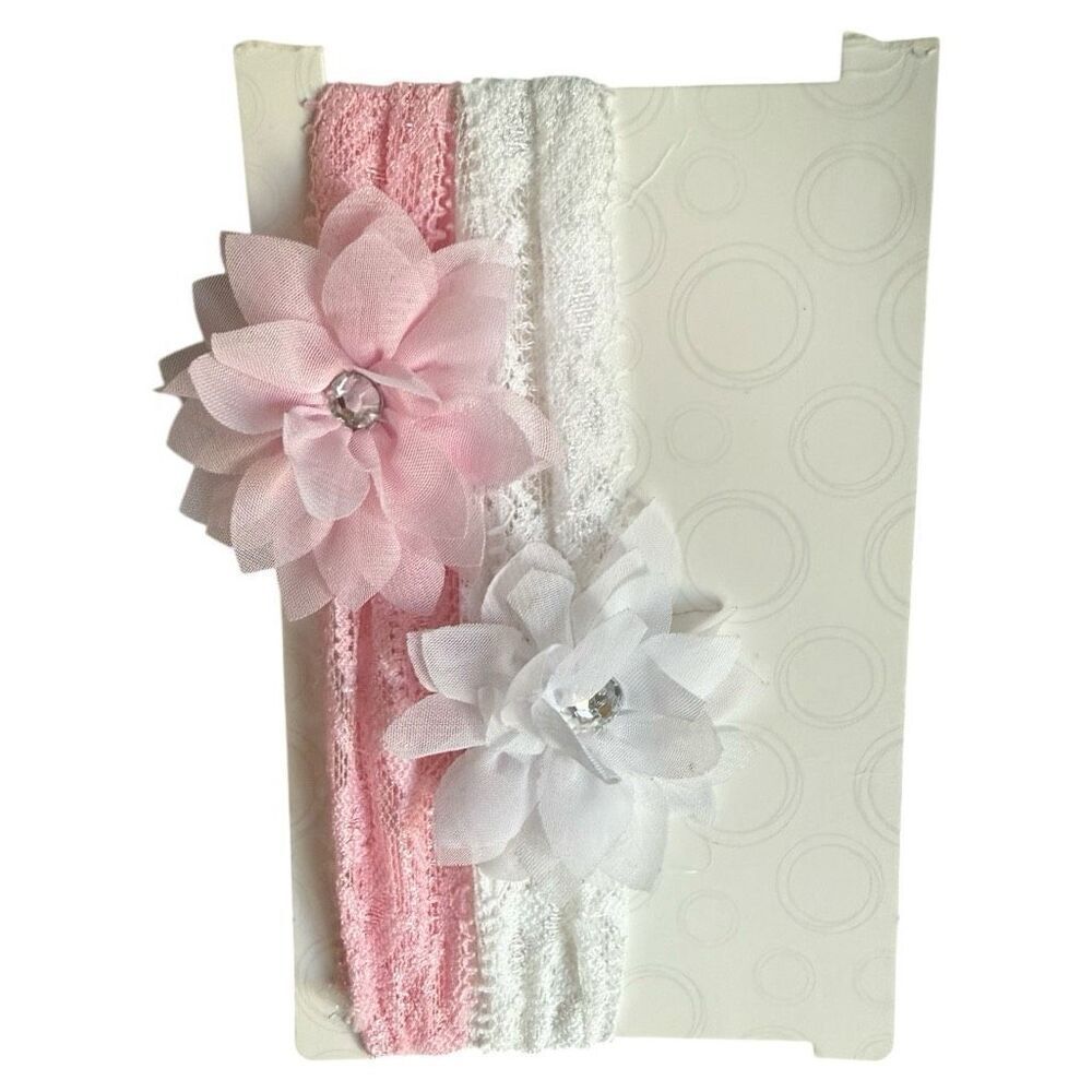 Brand New Baby Infant Girls Dainty Floral & Lace Luxe Bow Headband Set